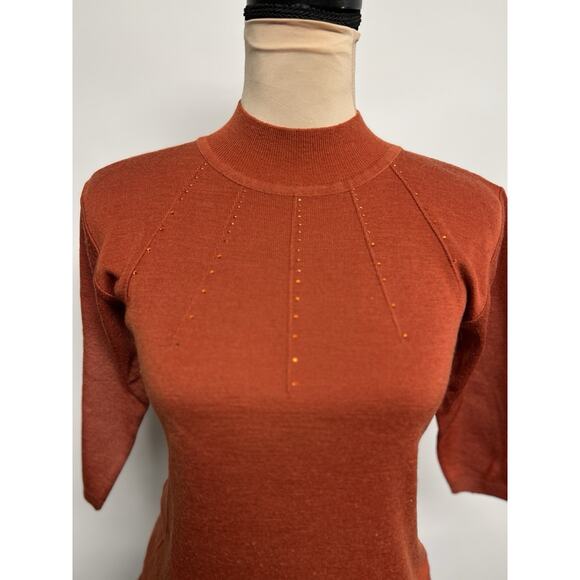 Vintage Mock Neck Sweater Womens Medium Rust Orange Rhinestones Groovy Hippie - Picture 3 of 7